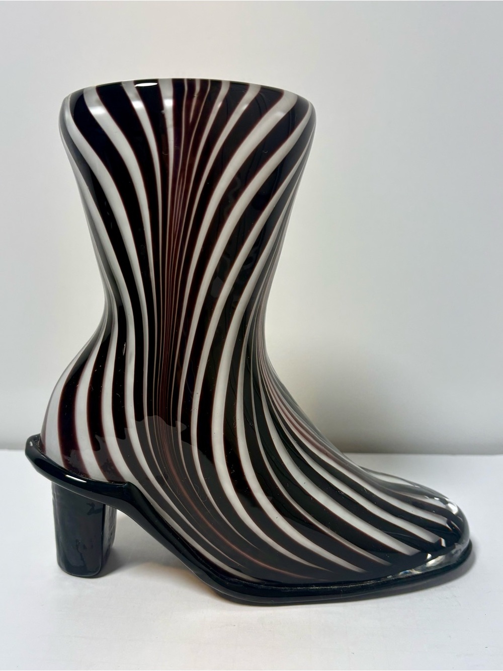 Vintage Murano Style Art Glass Boot Vase Swirl Zebra Stripe High Heel Shoe Plum